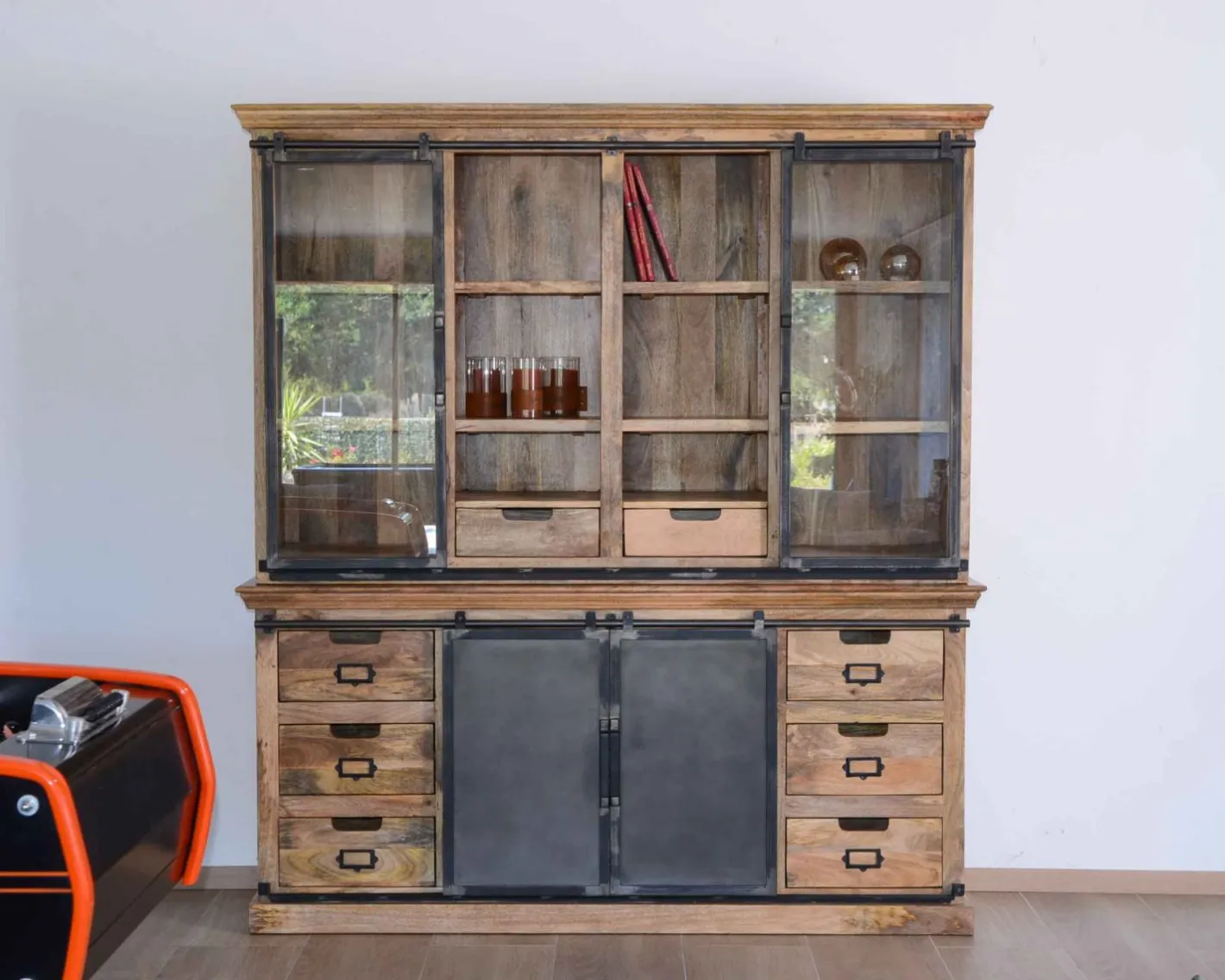 Outlet Buffet haut style atelier portes coulissantes métal bois massif "Haden" Vaisselier|Bibliothèque