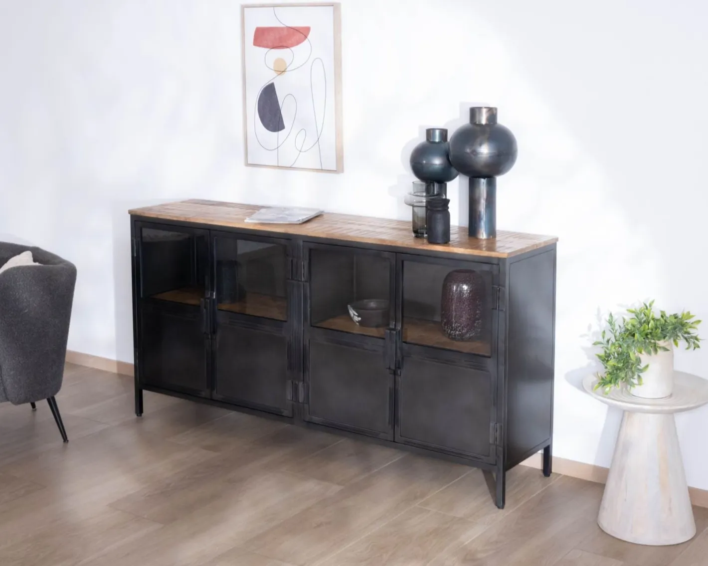 Hot Buffet industriel vitré en métal et bois exotique 180 cm "Dowtoun" Buffet Et Bahut