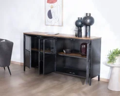 Hot Buffet industriel vitré en métal et bois exotique 180 cm "Dowtoun" Buffet Et Bahut