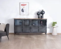 Hot Buffet industriel vitré en métal et bois exotique 180 cm