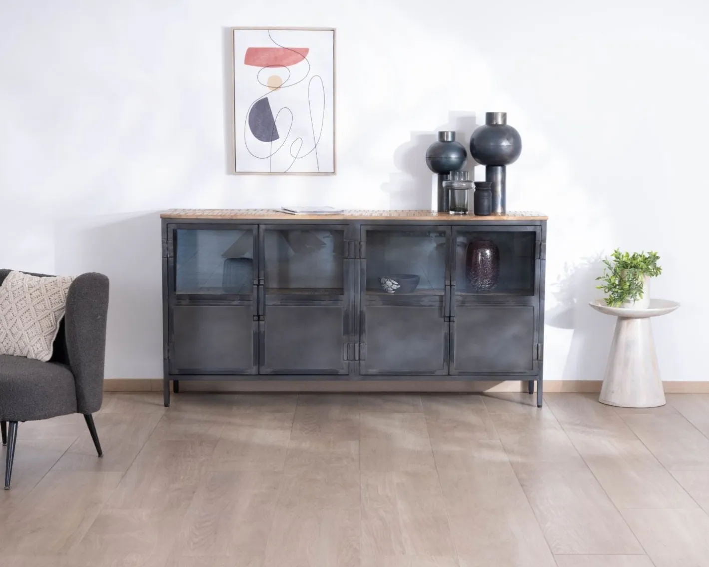 Hot Buffet industriel vitré en métal et bois exotique 180 cm "Dowtoun" Buffet Et Bahut
