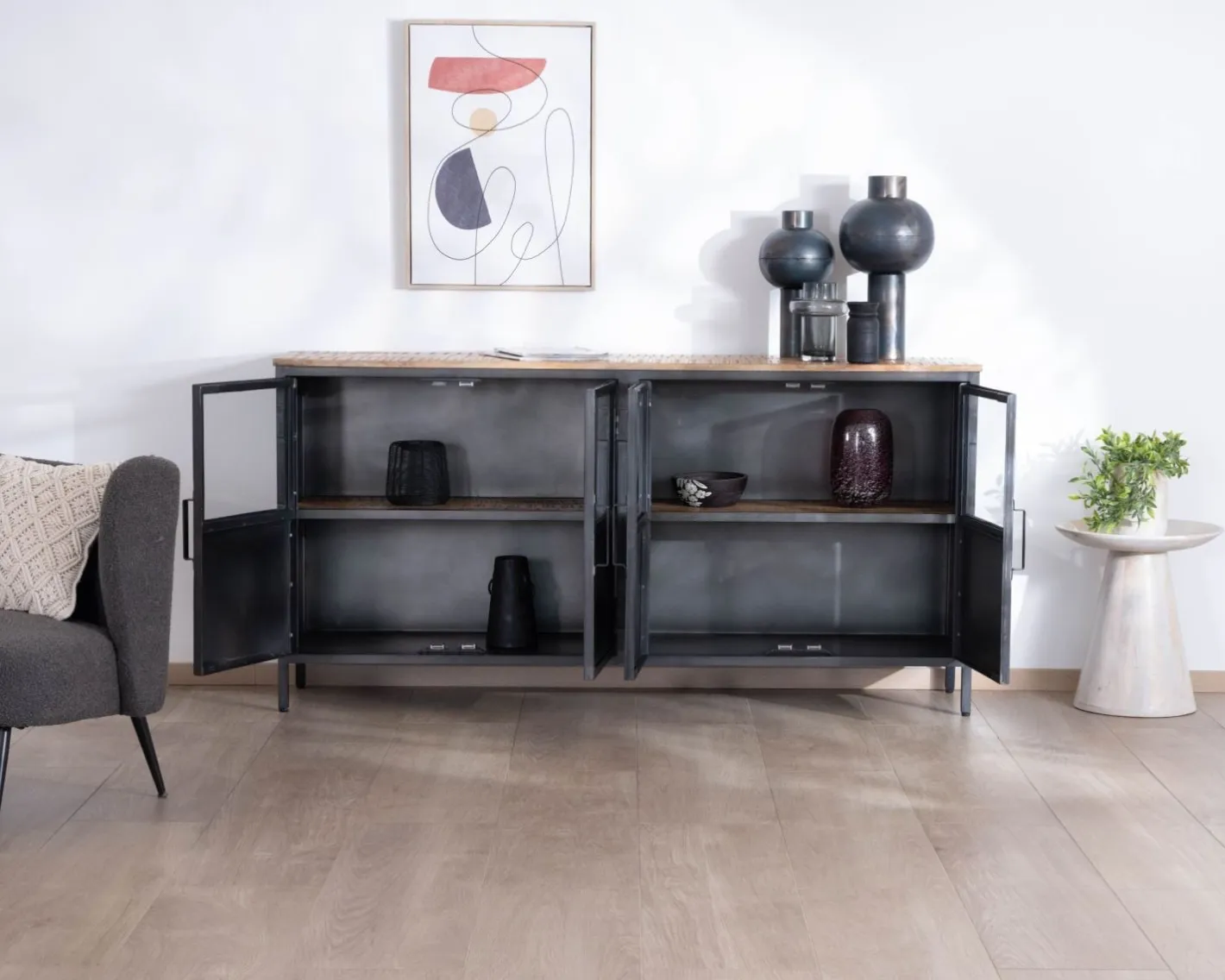 Hot Buffet industriel vitré en métal et bois exotique 180 cm "Dowtoun" Buffet Et Bahut