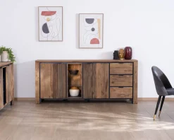 Outlet Buffet multi-rangements avec étagères en verre "Enoa" en palissandre et acacia 200 cm Buffet Et Bahut