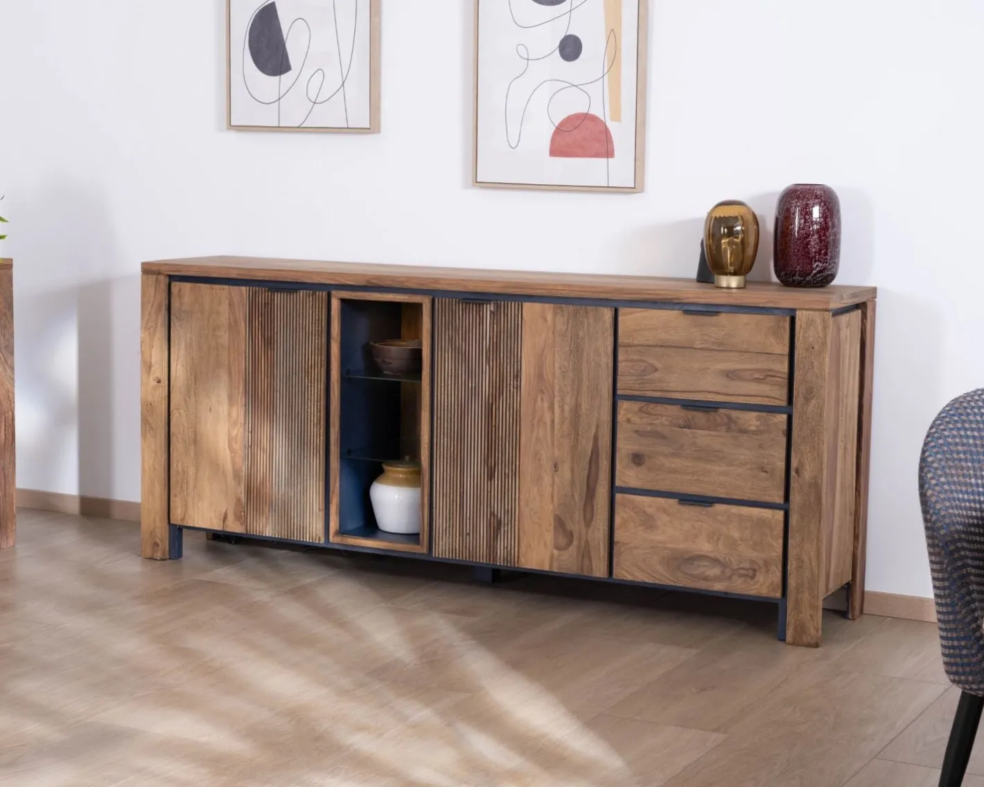 Outlet Buffet multi-rangements avec étagères en verre "Enoa" en palissandre et acacia 200 cm Buffet Et Bahut