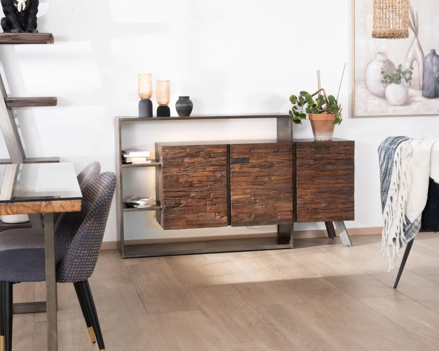 Online Buffet 3 portes design déstructuré en bois et métal "Crescendo" avec éclairage LEDs Buffet Et Bahut