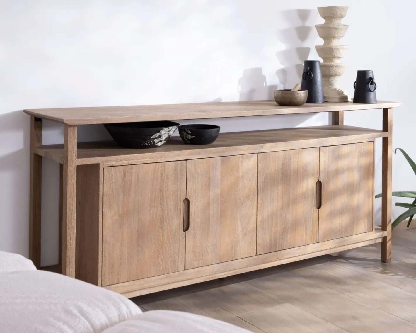 Clearance Buffet 4 portes style Japandi en manguier massif "Haya" 200 cm Buffet Et Bahut