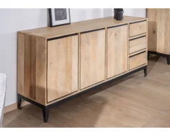 Hot Buffet épuré bicolore en manguier naturel et noir 180 cm "Bocca" 3 portes et tiroirs Buffet Et Bahut