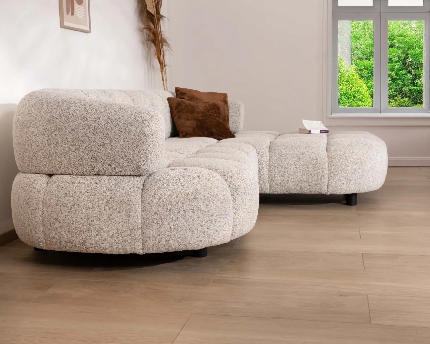 Clearance Canapé avec assise électrique et méridienne à droite "Syltan" tissu blanc cassé tramé Canapé D'Angle