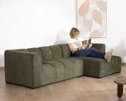 Discount Canapé avec méridienne en tissu bouclette vert
