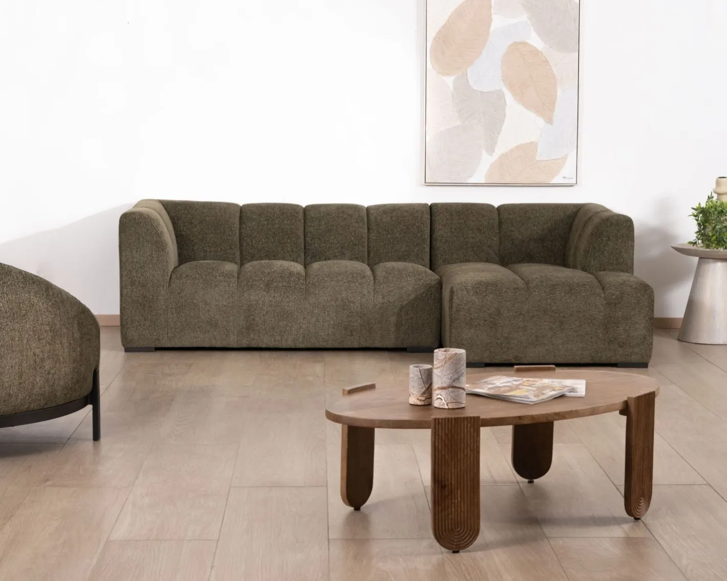 Discount Canapé avec méridienne en tissu bouclette vert "Enjoy Home" Canapé D'Angle|Canapé 3 Places