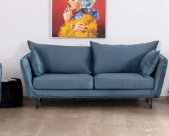 Discount Canapé bleu 3 places bleu design vintage tissu et métal "Hasting" Canapé 3 Places|Canapé Droit Fixe