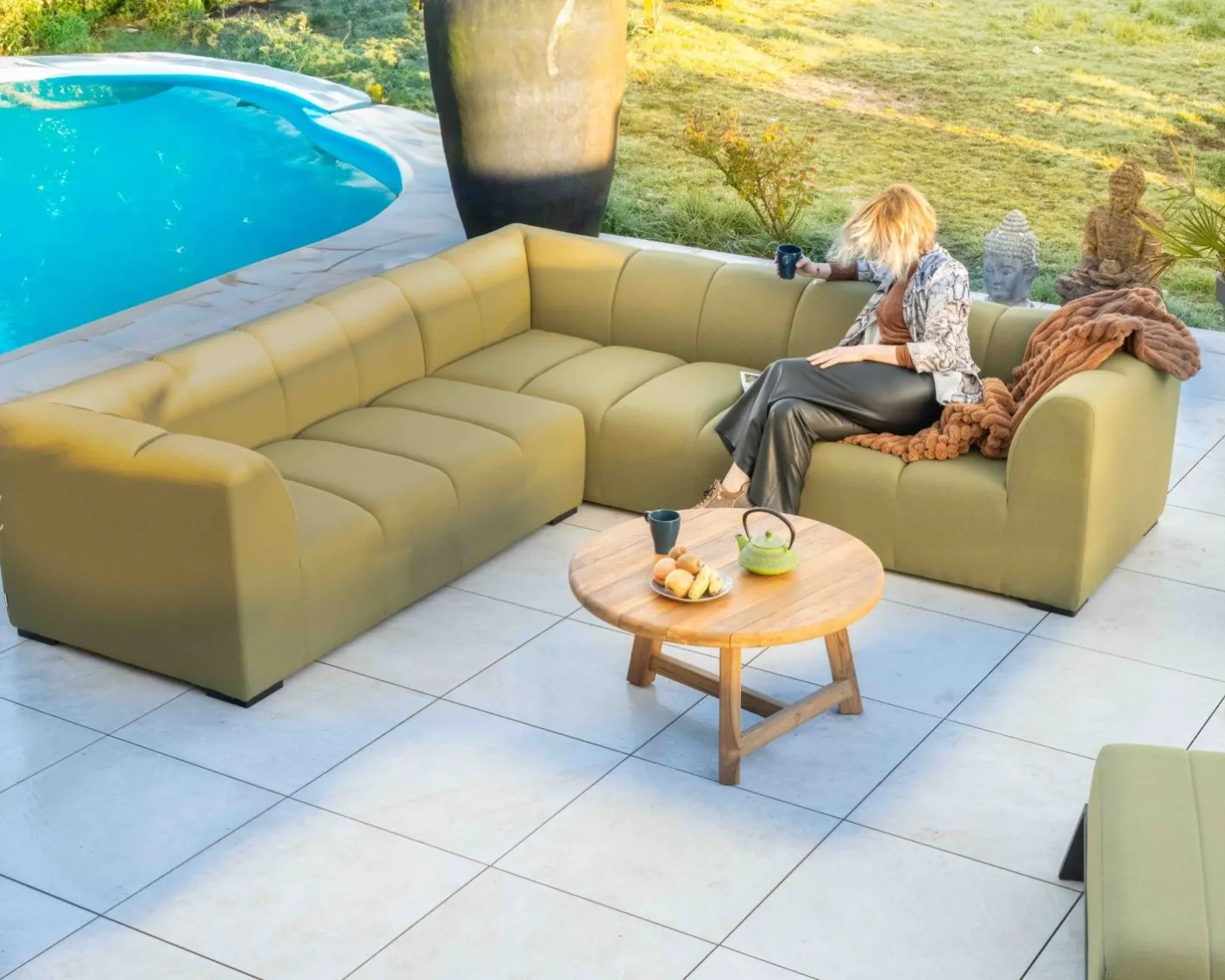 Clearance Canapé d'angle haut de gamme spéciale extérieur tissu vert "Terrasse" Canapé De Jardin