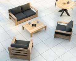 Hot Canapé de jardin 2 places haut de gamme "Zénith" en teck matelassé tissu gris foncé Canapé De Jardin|Salon De Jardin