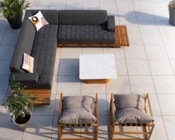 Sale Canapé d'extérieur retour droit matelassé gris foncé et teck "Lombok" Canapé De Jardin