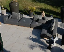 Outlet Canapé modulaire d'extérieur en teck et tissu gris chiné "Armando" en angle avec ottoman Salon De Jardin