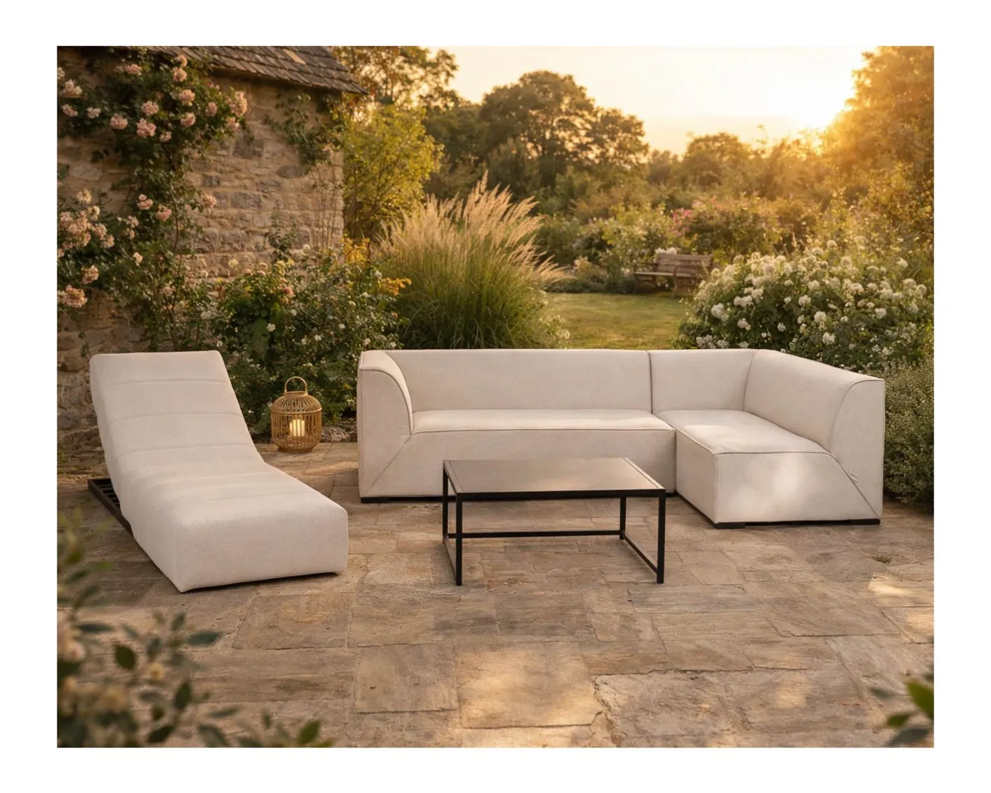Discount Canapé outdoor en 2 modules "Sunset Bay" tissu spécial extérieur crème Canapé De Jardin