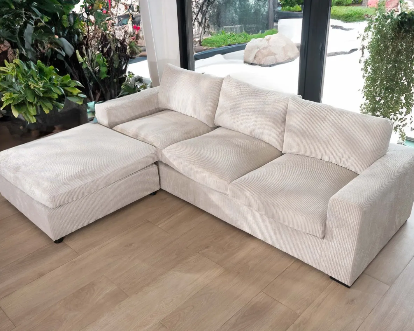 Canapé 3 places avec pouf ottoman carré en velours côtelé gris chaud "Tuléar" Canapé D'Angle|Canapé Modulable