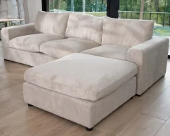 Canapé 3 places avec pouf ottoman carré en velours côtelé gris chaud