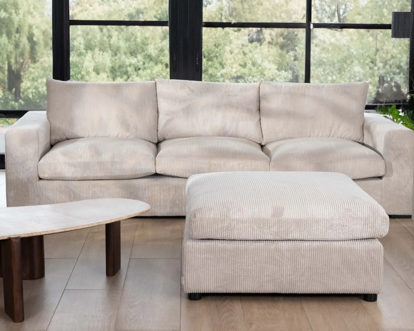 Canapé 3 places avec pouf ottoman carré en velours côtelé gris chaud "Tuléar" Canapé D'Angle|Canapé Modulable