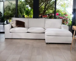 Discount Canapé 3 places avec pouf ottoman carré en tissu doux et bouclé blanc chiné 