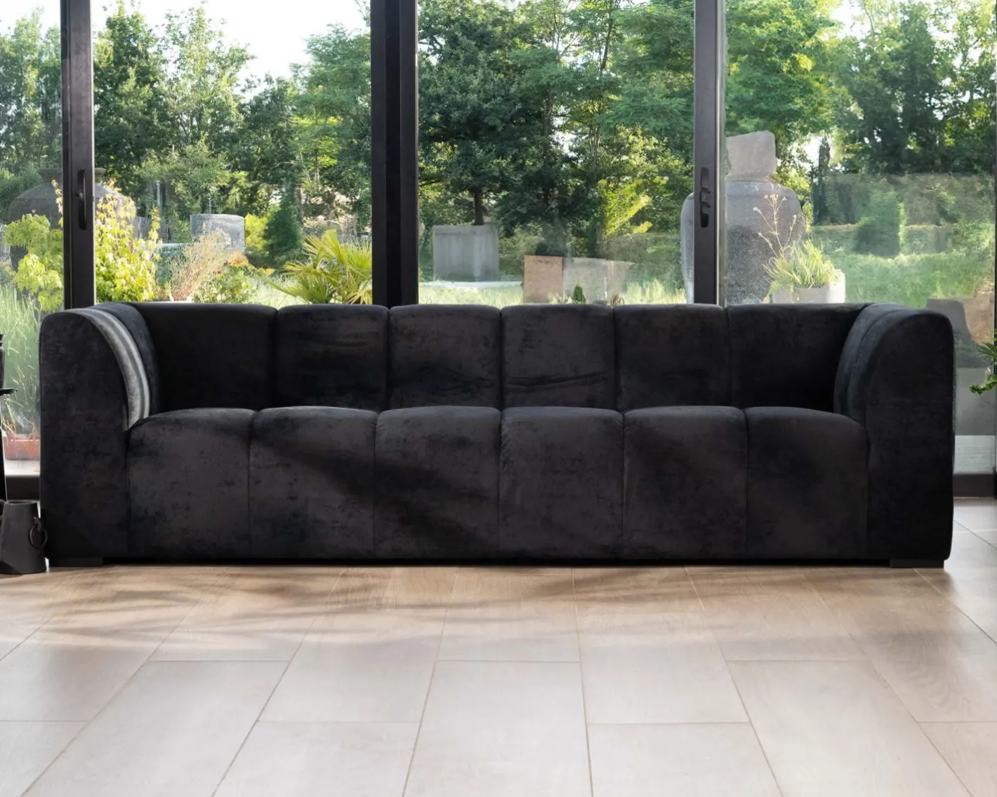 Outlet Canapé 3 places en velours anthracite soyeux avec surpiqures "Enjoy Home" Canapé 3 Places|Canapé Droit Fixe