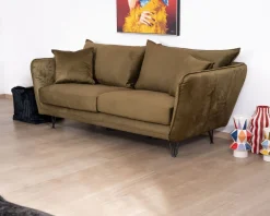 Sale Canapé ultra confort 3 places tissu doux kaki et pieds métal 