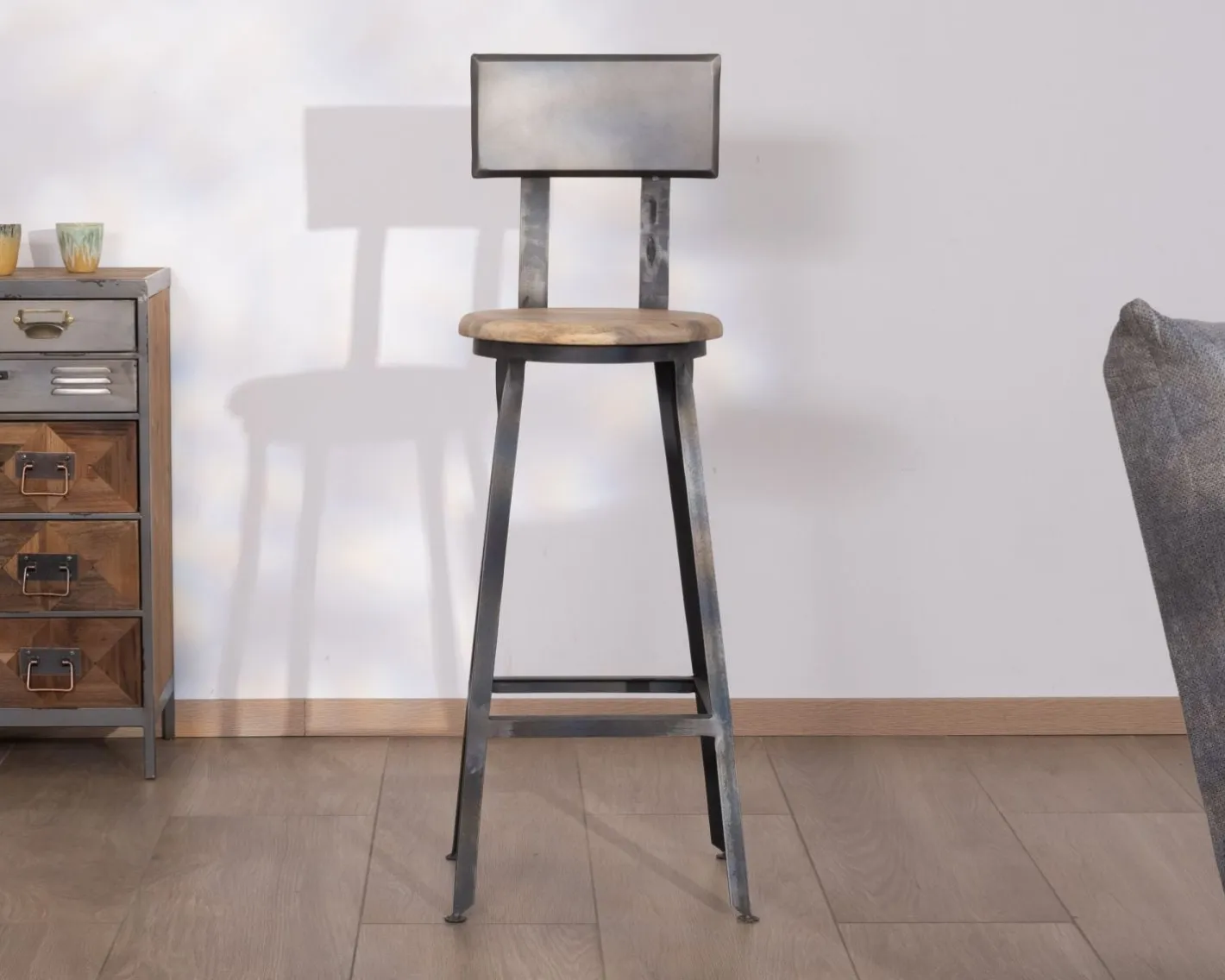 Chaise de bar métal gris antique et bois "Atelier grey" hauteur 110 cm Chaise De Bar|Tabouret De Bar