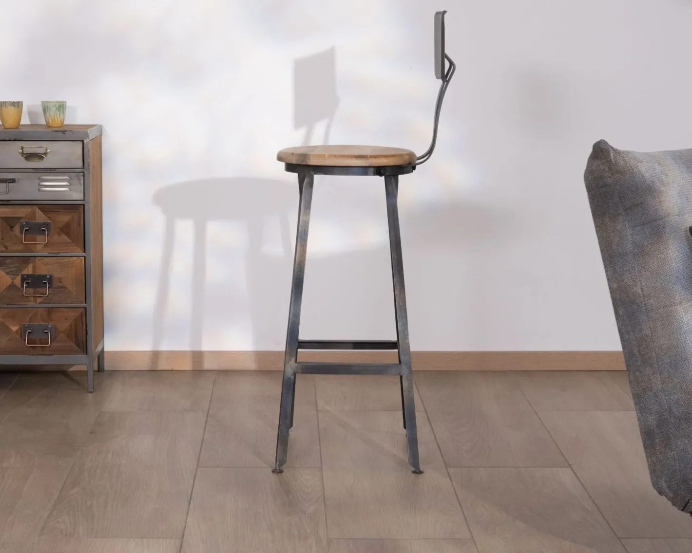 Chaise de bar métal gris antique et bois "Atelier grey" hauteur 110 cm Chaise De Bar|Tabouret De Bar