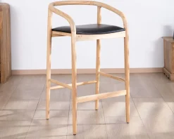 Sale Chaise de bar épurée en acacia naturel et assise PU noir 