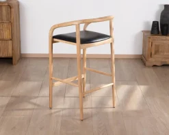 Sale Chaise de bar épurée en acacia naturel et assise PU noir 