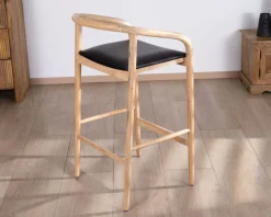 Sale Chaise de bar épurée en acacia naturel et assise PU noir 