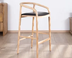 Sale Chaise de bar épurée en acacia naturel et assise PU noir 