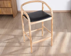 Sale Chaise de bar épurée en acacia naturel et assise PU noir 