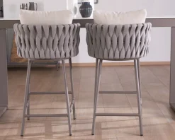 Outlet Chaise de bar ultra chic dossier en tissu tressé gris et pieds aluminium 