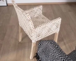 Best Chaise de repas avec accoudoirs en cuir blanc tressé et teck