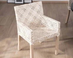 Best Chaise de repas avec accoudoirs en cuir blanc tressé et teck