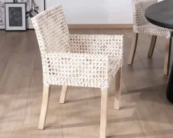 Best Chaise de repas avec accoudoirs en cuir blanc tressé et teck