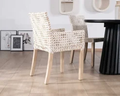 Best Chaise de repas avec accoudoirs en cuir blanc tressé et teck
