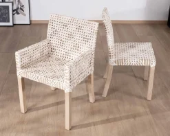Best Chaise de repas avec accoudoirs en cuir blanc tressé et teck