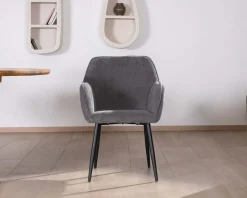 New Chaise de repas contemporaine en tissu velours gris foncé "Scotty" avec accoudoirs et pieds métal noir Chaise