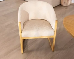New Chaise de repas enveloppante style rétro chic "Isadora" tissu beige et bois Chaise