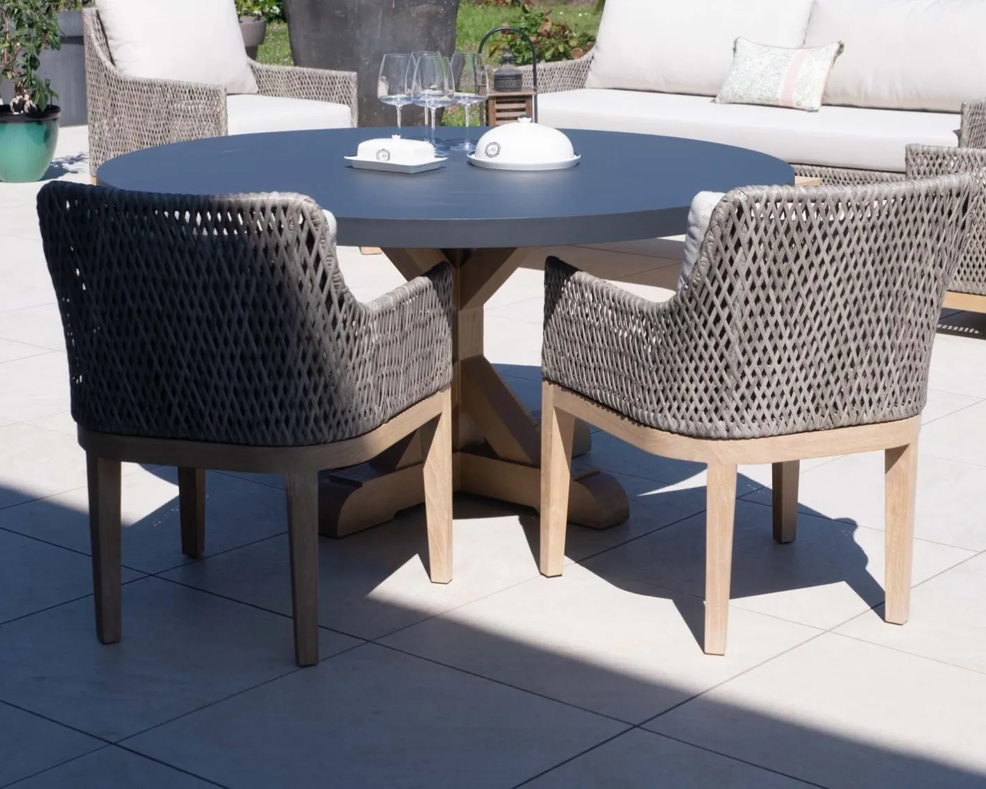 Clearance Chaise d'extérieur haut de gamme tressée en teck et textile chiné "Porticcio" Chaise