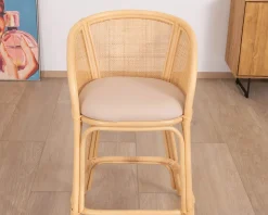 Clearance Chaise haute en rotin style ethnique chic "Noho" avec assise en tissu beige Chaise De Bar|Tabouret De Bar