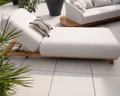 Best Chaise longue luxueuse teck et tissu écru sans surpiqure "Lombok" Bain De Soleil
