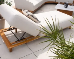 Best Chaise longue luxueuse teck et tissu écru sans surpiqure 