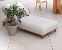 Best Chaise longue luxueuse teck et tissu écru sans surpiqure 