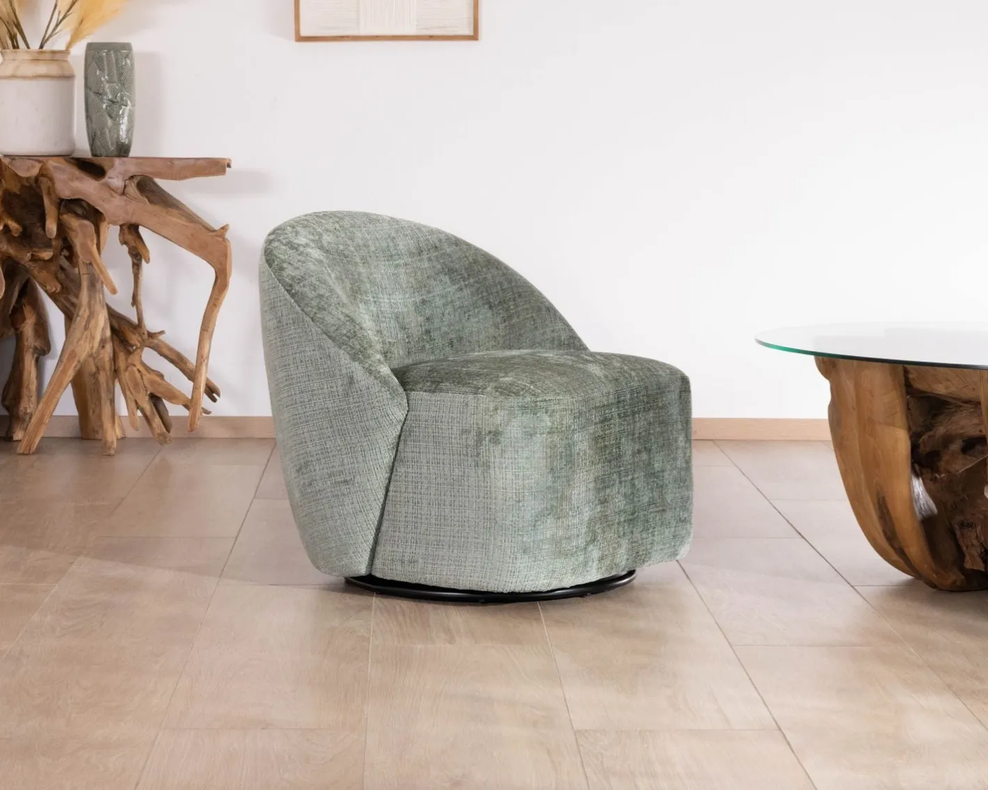 Clearance Chauffeuse pivotante en tissu bouclette soyeux vert sauge "Marylin" Fauteuil