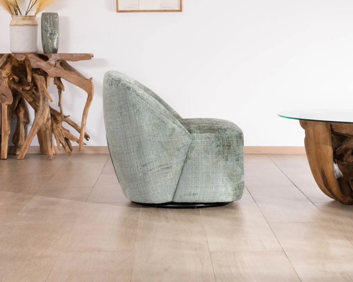 Clearance Chauffeuse pivotante en tissu bouclette soyeux vert sauge "Marylin" Fauteuil
