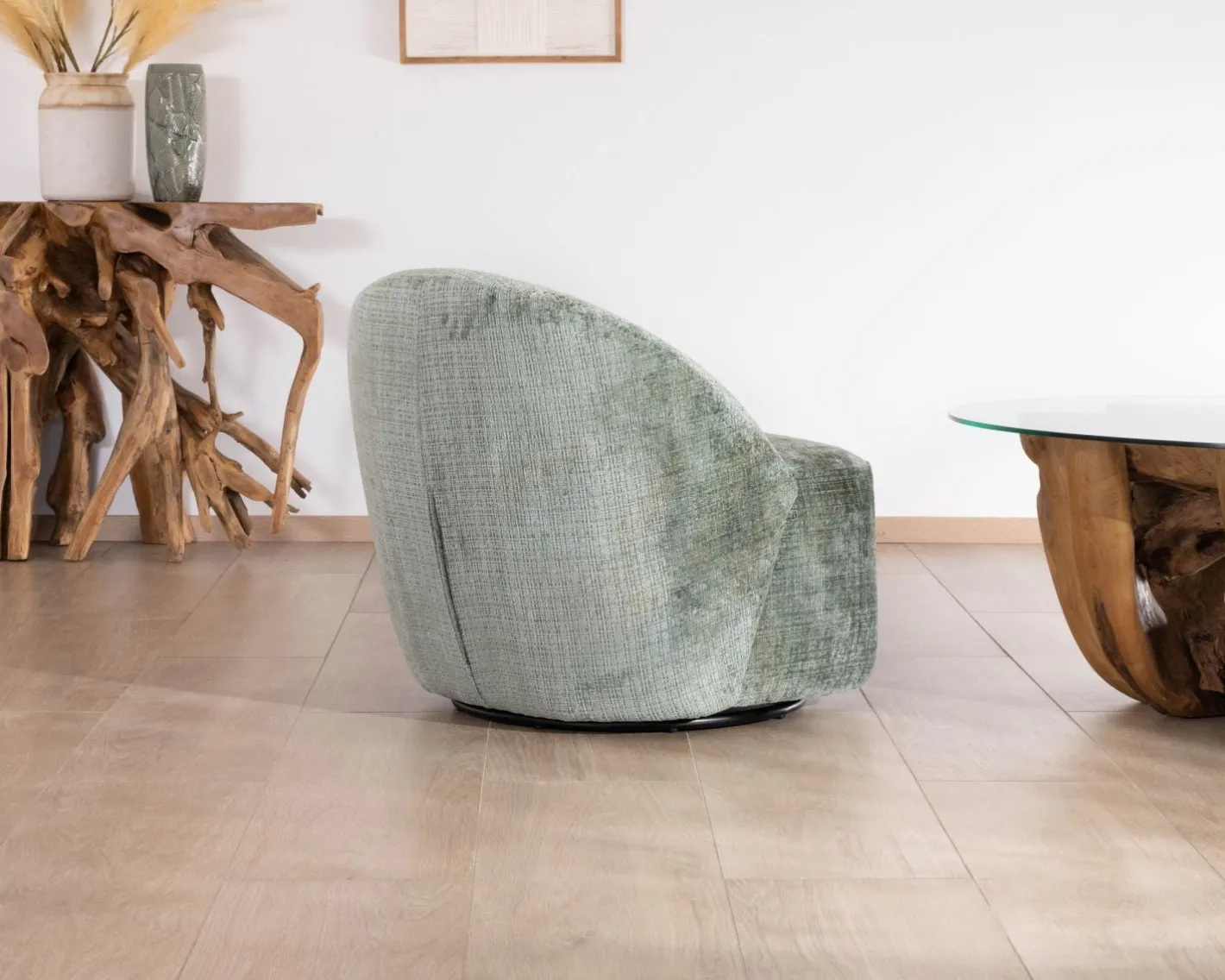 Clearance Chauffeuse pivotante en tissu bouclette soyeux vert sauge "Marylin" Fauteuil
