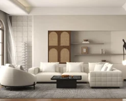 Sale Chauffeuse ronde 120 cm en tissu blanc chiné et coussins velours côtelé "Sweet Culture" Fauteuil